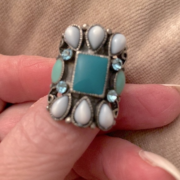 ✅Vintage turquoise, aqua, light grey stones and CZ silver plated ring. - Picture 3 of 4